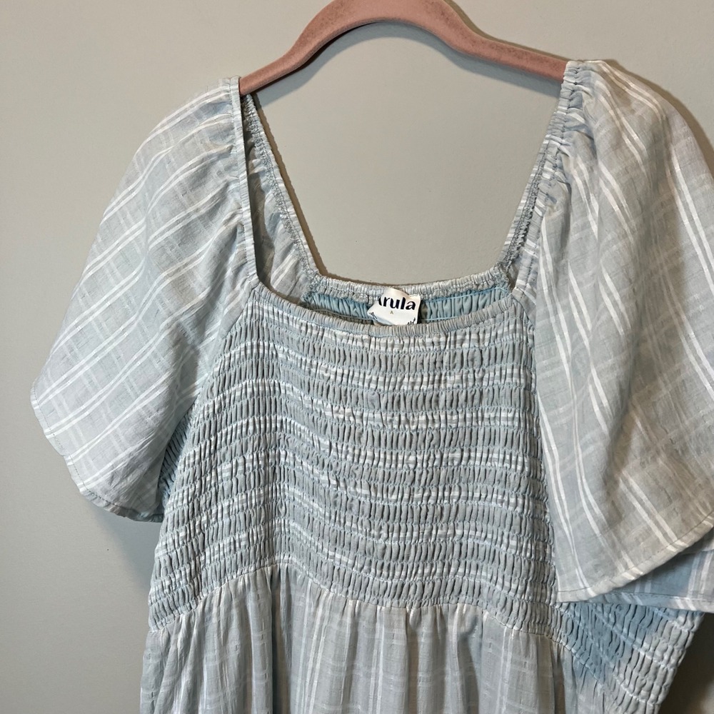 Arula Blue White Striped Smocked Tiered Midi Dress Short Sleeve Plus A 14/16 - Picture 2 of 10